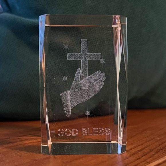 Laser-Cut GOD BLESS With Cross Cube Paperweight - Picture 1 of 7
